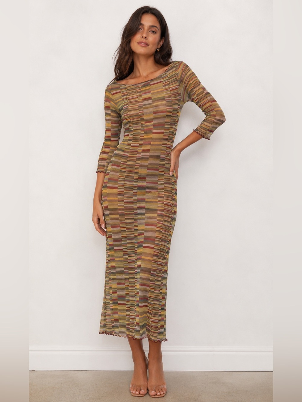 WESTON WEAR Sheer Mesh Multi Stripe Fuzzi Midi Dress L Y2K Vintage Boho Festival